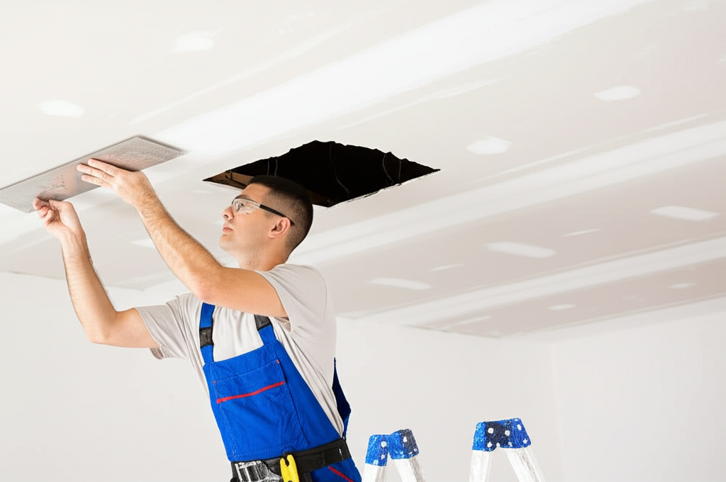 Worker repairing ceiling