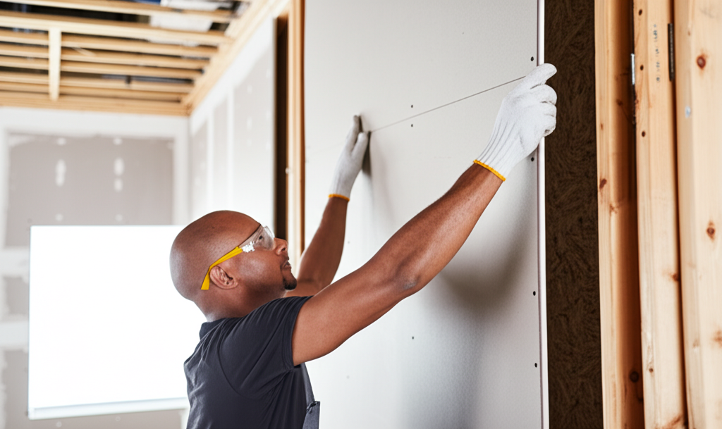 Professional installing new drywall