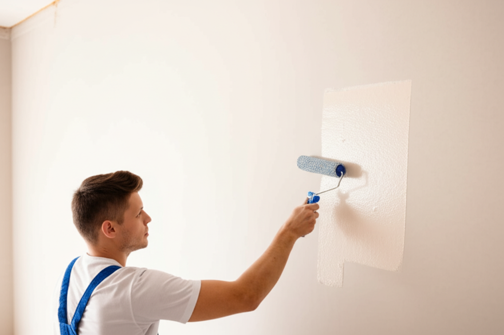 Worker painting finished drywall