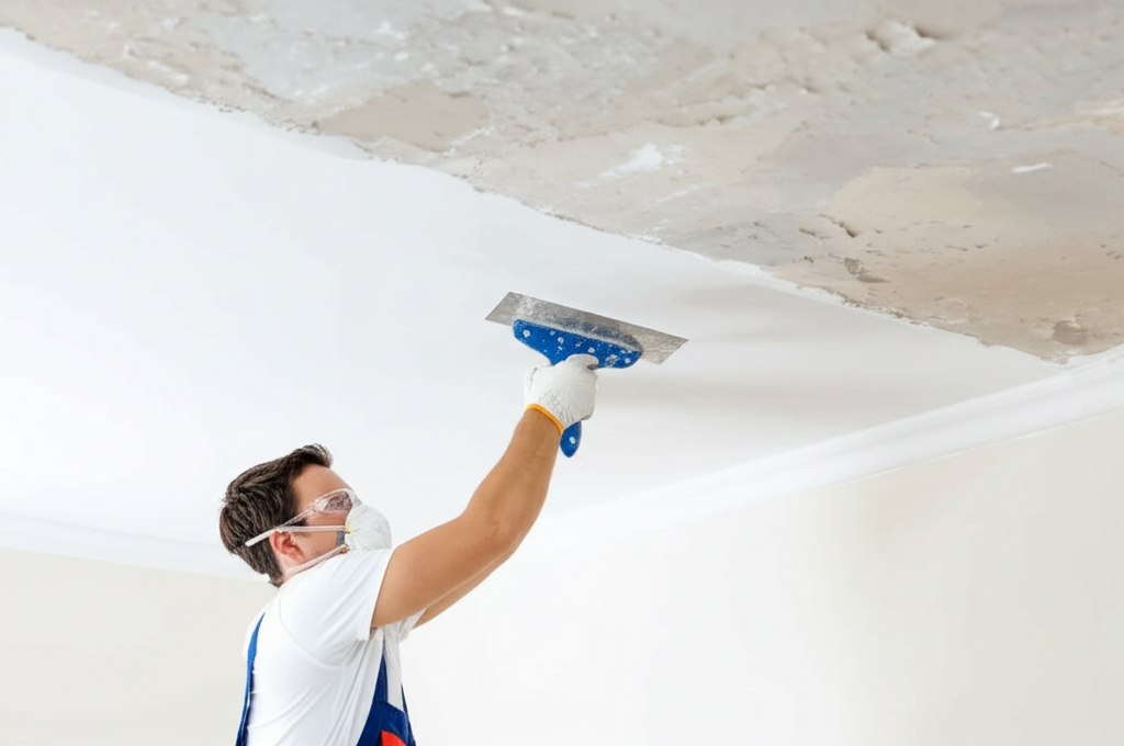 Worker removing popcorn ceiling