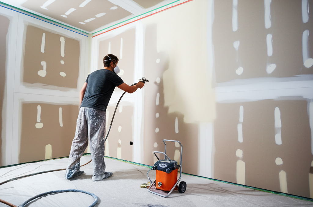 Worker applying texture to wall